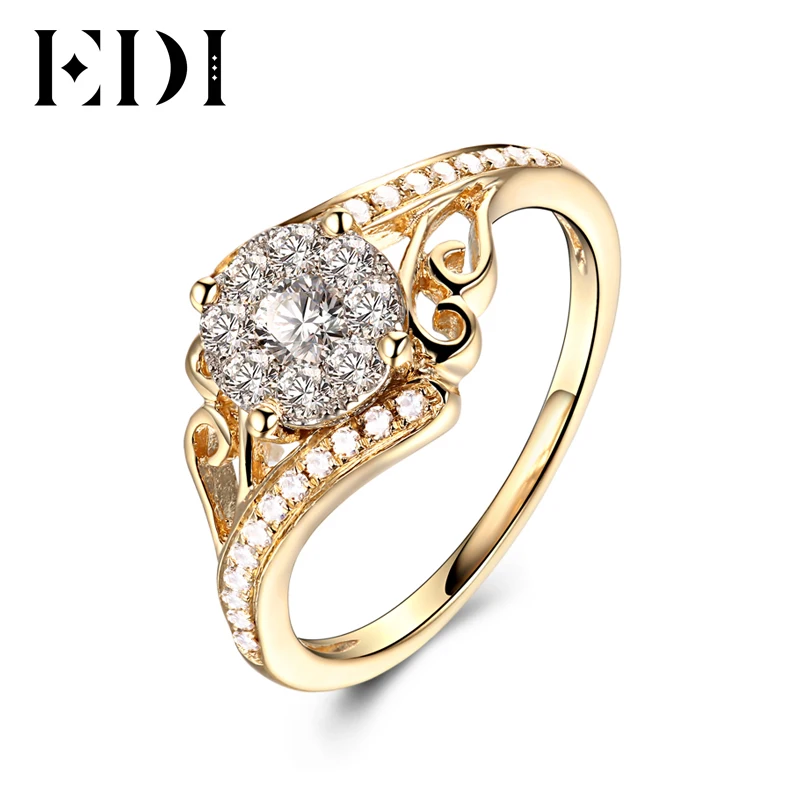 EDI уникальное кольцо с алмазом Moissanite 1ctw круглая огранка 9K желтое золото свадебные