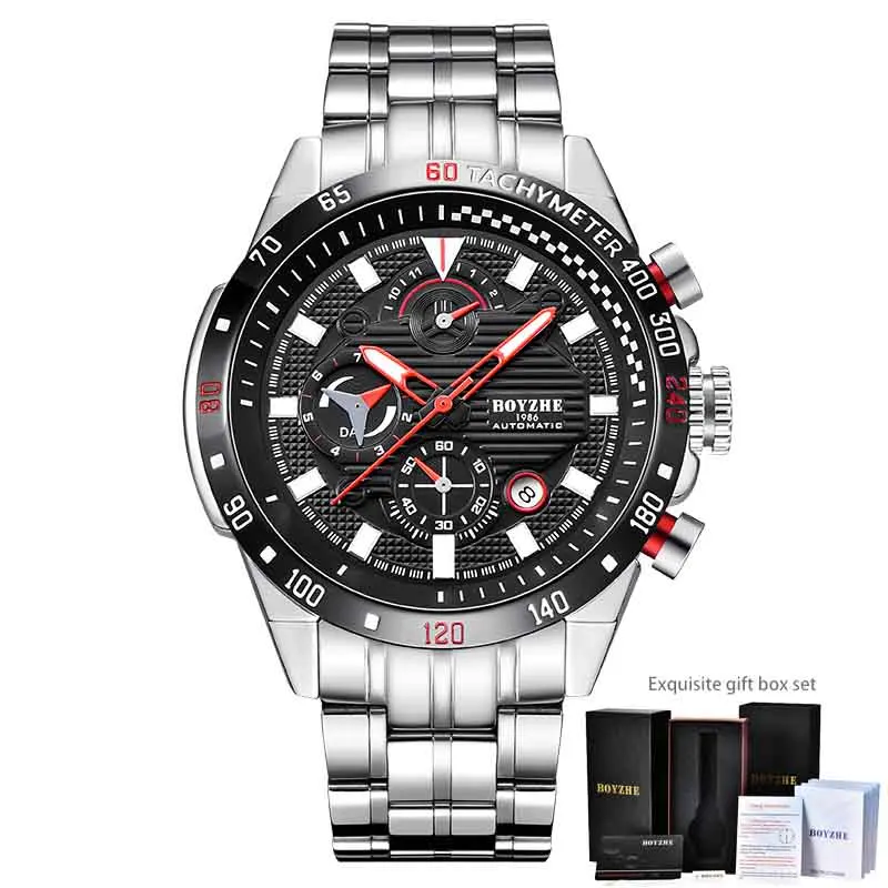 Black Silver add Box Мужские спортивные автоматические часы BOYZHE из нержавеющей стали с хронографом, мужские механические часы с автоматической датой, роскошный бренд, montre homme - Цвет: Black Silver add Box