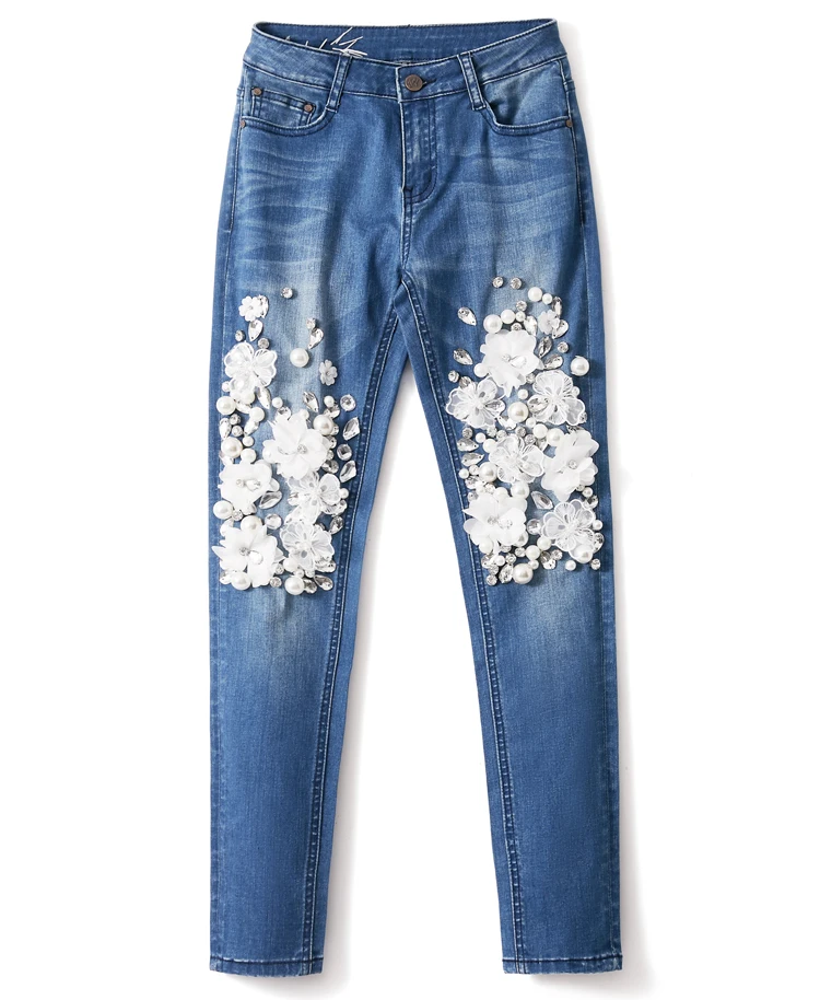 Новинка 2019 брюки с бисером модные женские повседневные джинсовые Стрейчевые