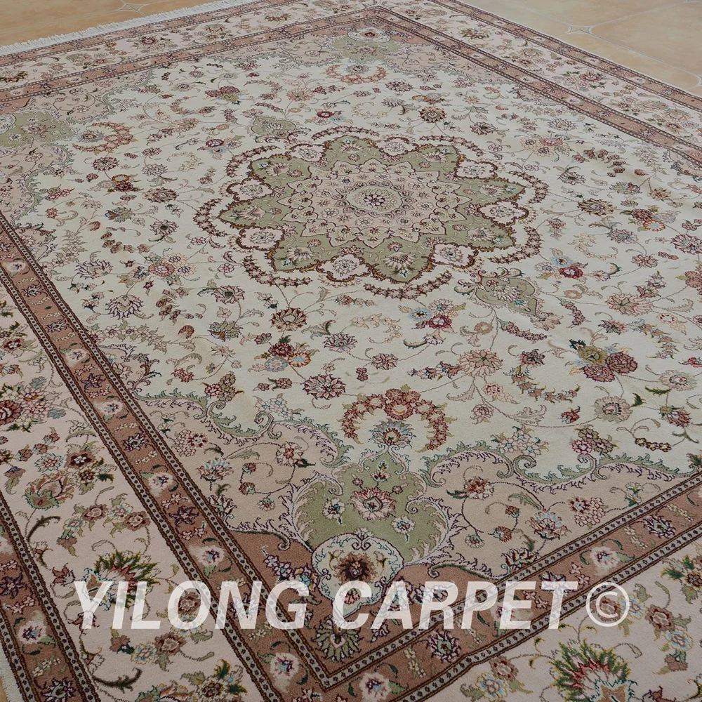 Yilong 8 'x 10' Античная Тебриз ковёр из шелка и шерсти бежевый изысканный