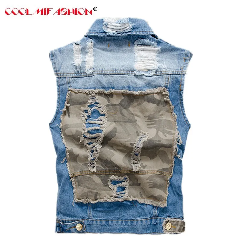 

CooLMiFashion Denim Vests Men vintage harajuku waistcoat sleeveless jeans jacket hole mens vest coats chalecos para hombre Cloth