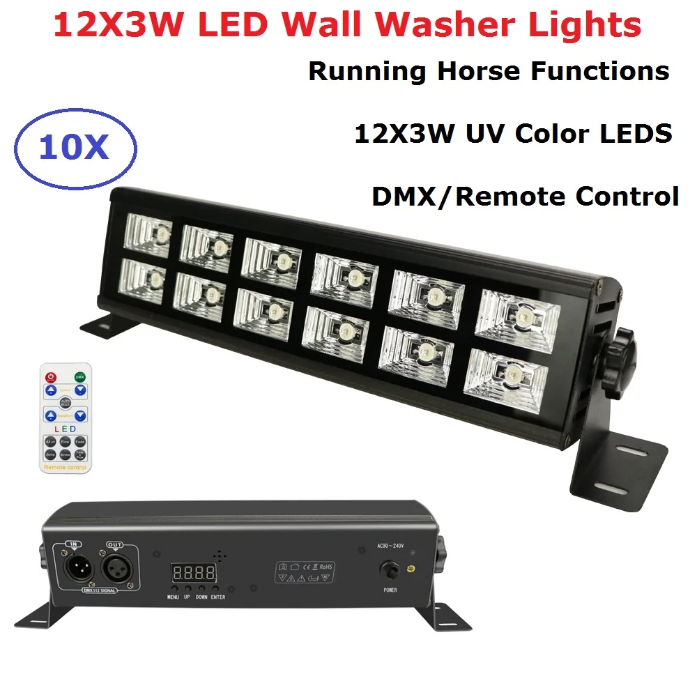 

10 шт. в упаковке, светодиодный настенный светильник 12X3W, фиолетовые огни, беспроводной пульт дистанционного управления, DMX512, УФ-освещение, пр...