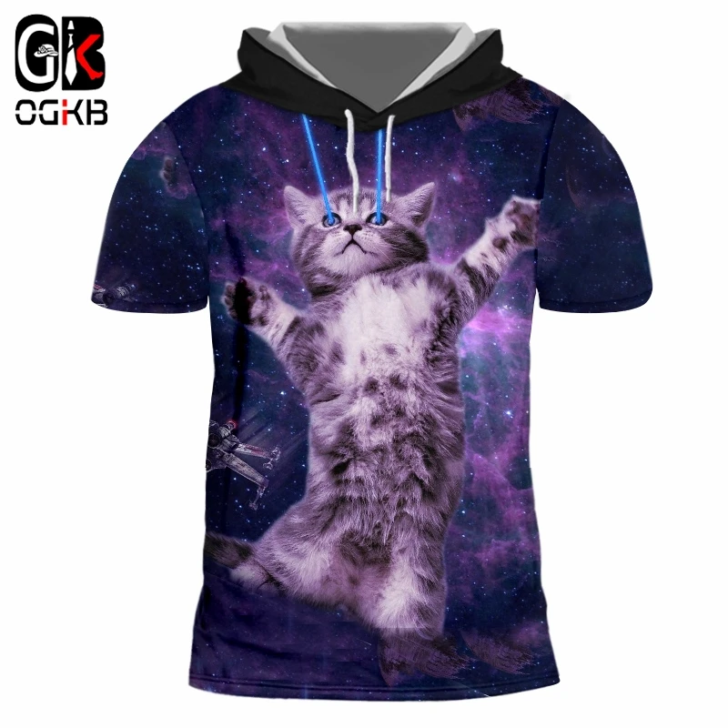 

OGKB Hooded Tee Shirt Male Hot Short 3D Tshirt Printed Starry sky cat Leisure 5XL 6XL Costume Hombre Autumn Cap Tshirt