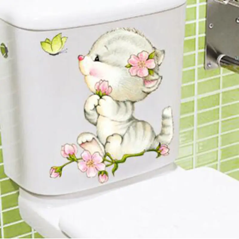 New Lovely Cat Kitten Wall Stickers Toilet Door Butterfly Bathroom Art Decals Home Decoration Window Glass | Дом и сад