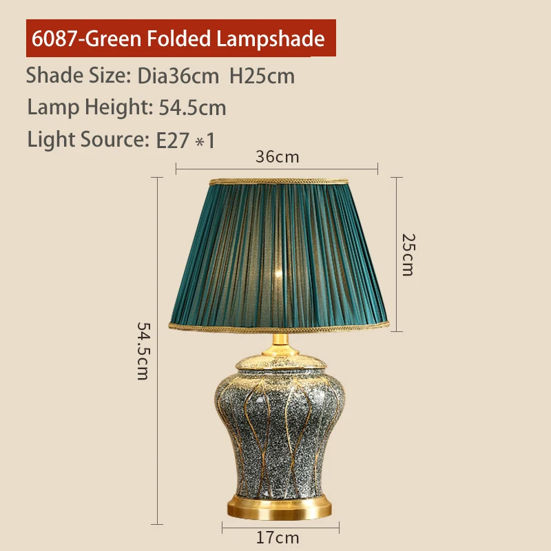 6087-Green Folded Медная настольная лампа для гостиной, керамическая лампа Jingdezhen, роскошная прикроватная лампа для спальни, украшенная светодиодными лампами - Цвет абажура: 6087-Green Folded