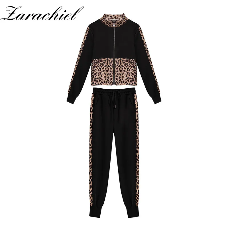 Leopard Patchwork Knitting 2 Piece Set Women's Long Sleeve Zipper Jacket Coat+Pocket Pencil Pant Sweater Tracksuit Trousers | Женская