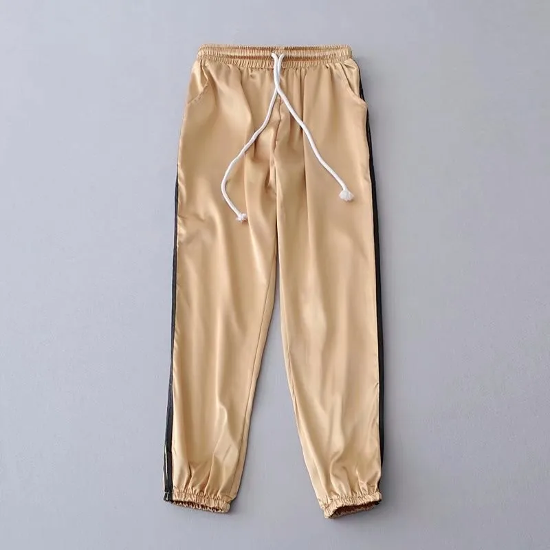 Khaki Black Новые женские Сатиновые свободные штаны-шаровары с высокой талией, эластичные Ретро штаны для отдыха и бега, удобные женские штаны в белую полоску - Цвет: Khaki Black