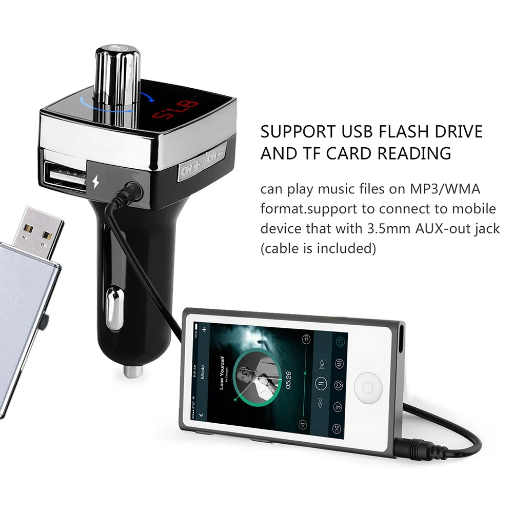 

Car MP3 Player Bluetooth FM Transmitter Wireless A2DP Music Handsfree Car Kit Aux in 5V 3.1A Dual USB Charging Support SD Card