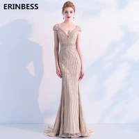 2019 champagne evening dresses long dress vestido de festa v neck v back tulle mermaid evening dress prom gowns for women