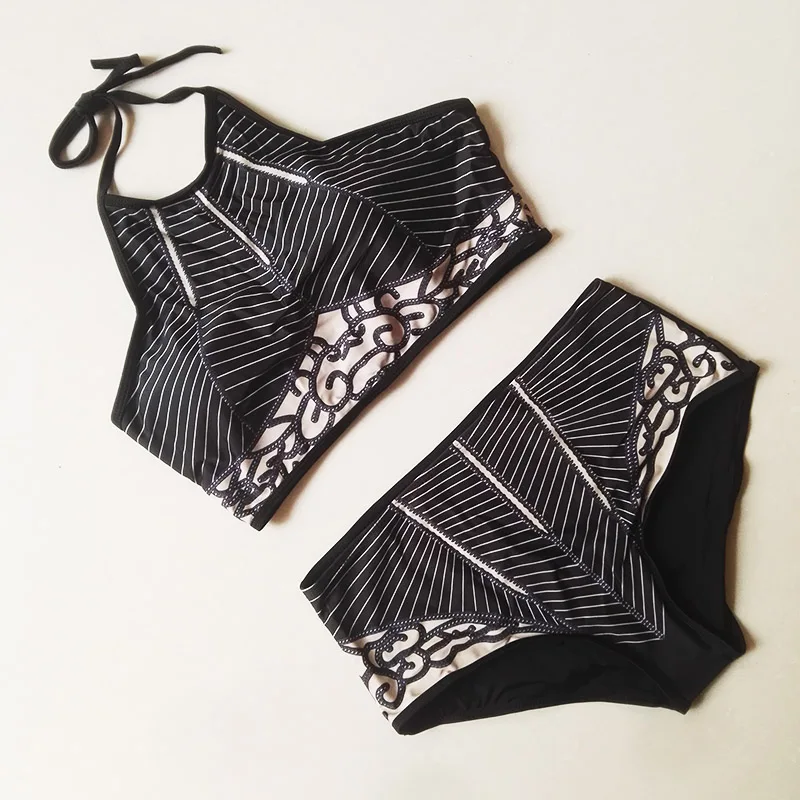 

Винтажный комплект бикини с геометрическим принтом и высокой горловиной, бикини пуш-ап, женский купальник в стиле ретро, купальник с подкла...