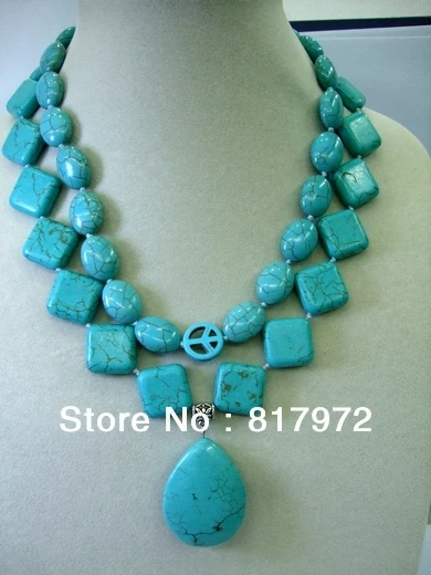 

woman 2 rows necklace light blue oval rhombus peace bead mixed necklace water drop bead pendant