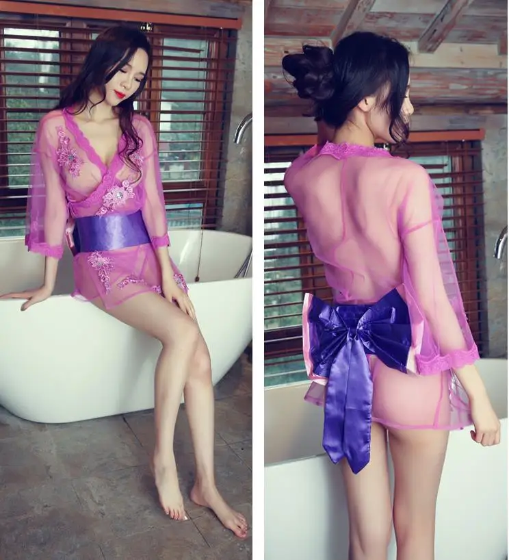 Women Lady Sexy Pajamas Sleeping Dress Transparent Temptation Cardigan Belt Perspective Purple | Женская одежда