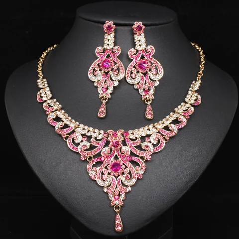 pink in gold Модные Индийские Стразы для невесты, наборы свадебных ювелирных изделий, аксессуары для костюма, серьги и ожерелье, набор, подарки для женщин - Окраска металла: pink in gold