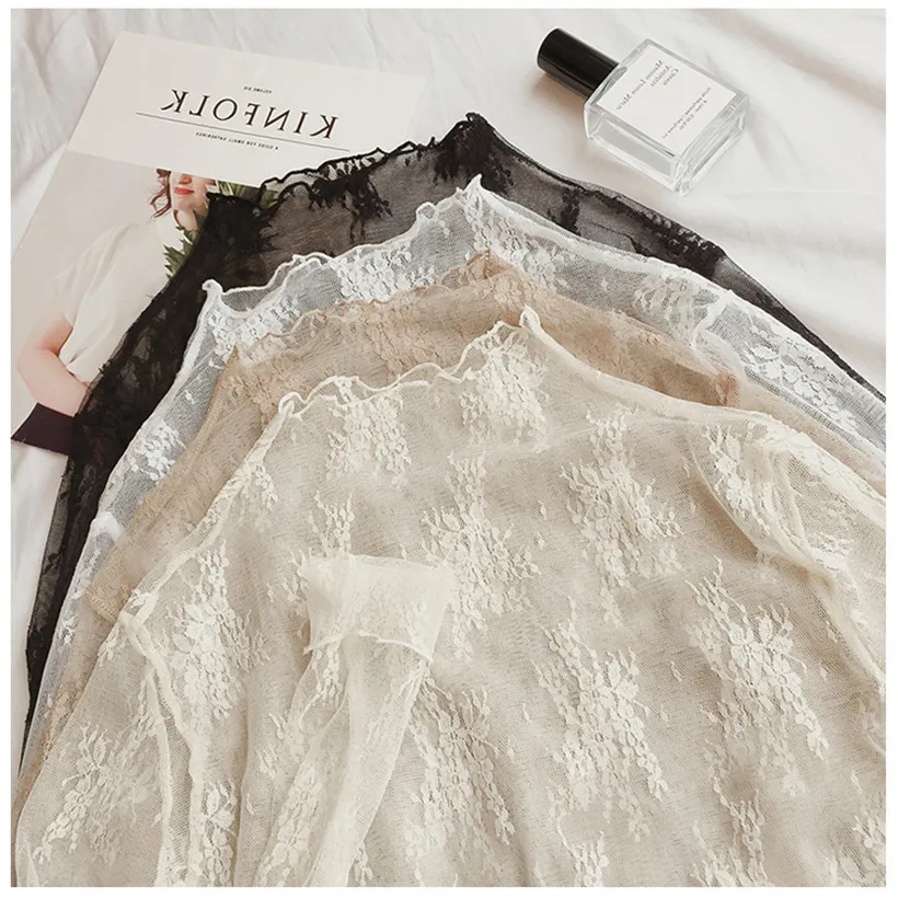 

2019 new Women's lace top t shirt tops long-sleeve T-shirt tops & tees casual fashion sexy lace black white