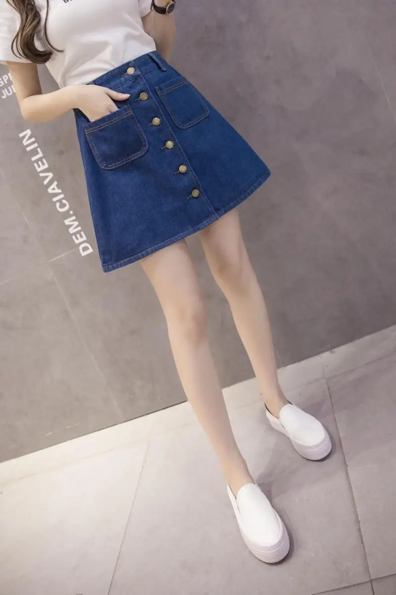 

Denim Skirt High Waist A-line Mini Skirts Women Summer Single Button Pockets Blue Korean Elegant Skirt Casual Saia Jeans Solid