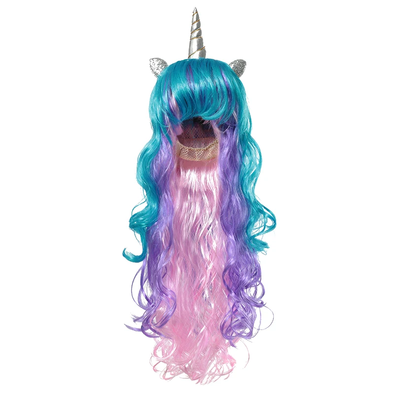 Unicorn wig 02 Красочные Единорог повязка из искусственных волос крылья для девочек Дети длинные поддельные волосы косплей мультфильм Аксессуары Детские вечерние принадлежности Единорог - Цвет: Unicorn wig 02