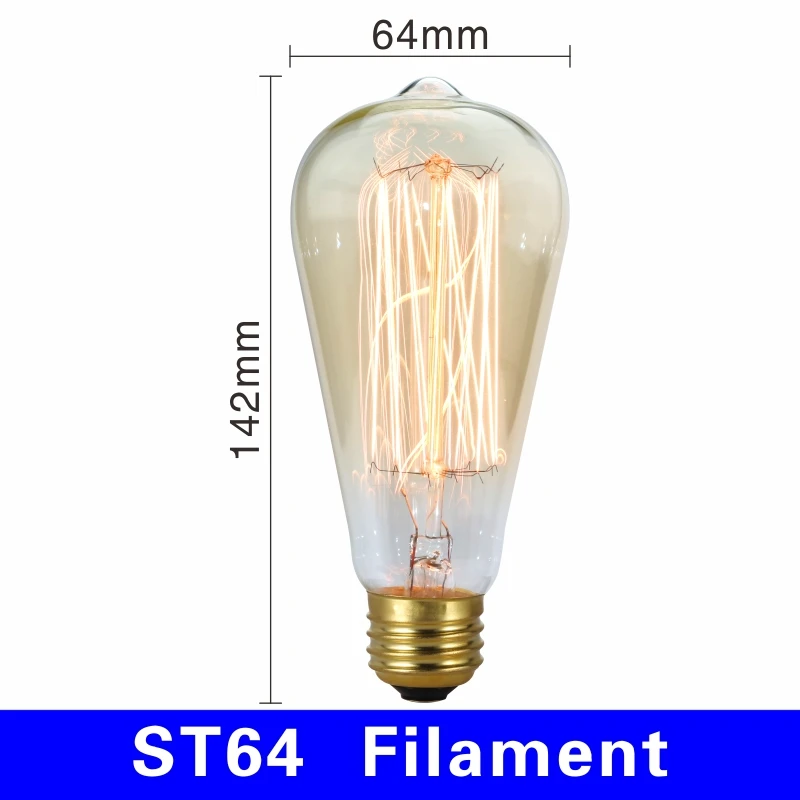 ST64 filament Электрическая лампочка эдисона светильник лампочка E27 220V 40W подвесной светильник в стиле ретро A19 A60 ST64 T10 T45 T185 G80 G95 нити Винтаж ампулы лампа накаливания со стеклянным колпаком - Цвет: ST64 filament