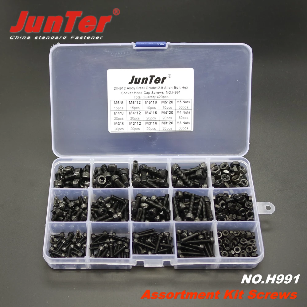 420 шт., M3 M4 M5, легированная сталь, класс 12,9 дюйма, высокопрочные торцевые винты с гайками, болты с шестигранником DIN912, ассортимент № H991