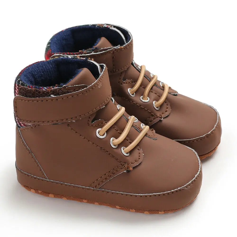 Коричневый First Walkers Baby Soft Sole Anti-skid PU Leather Shoes Infant Boy Girl Toddler Moccasin High-top Soft Baby Shoes 0-18m - Цвет: Коричневый