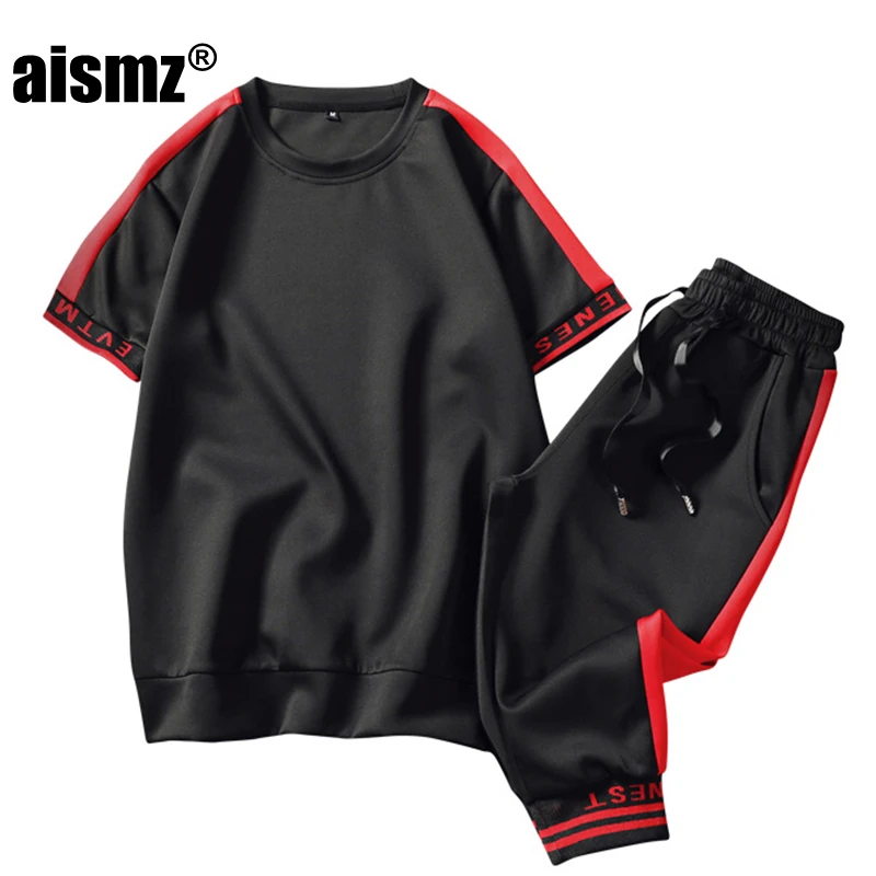 Aismz Tracksuit Casual Round neck Male Half sleeve 2 Pieces Set 2018 New Summer M-3XL Mens Sportswear | Мужская одежда