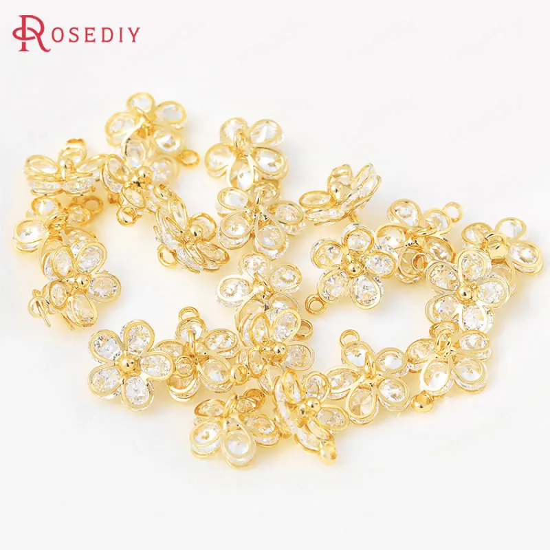 (35804)6 шт. 10x12 мм латунный и циркониевый цветок сливы цвета 24-каратного золота