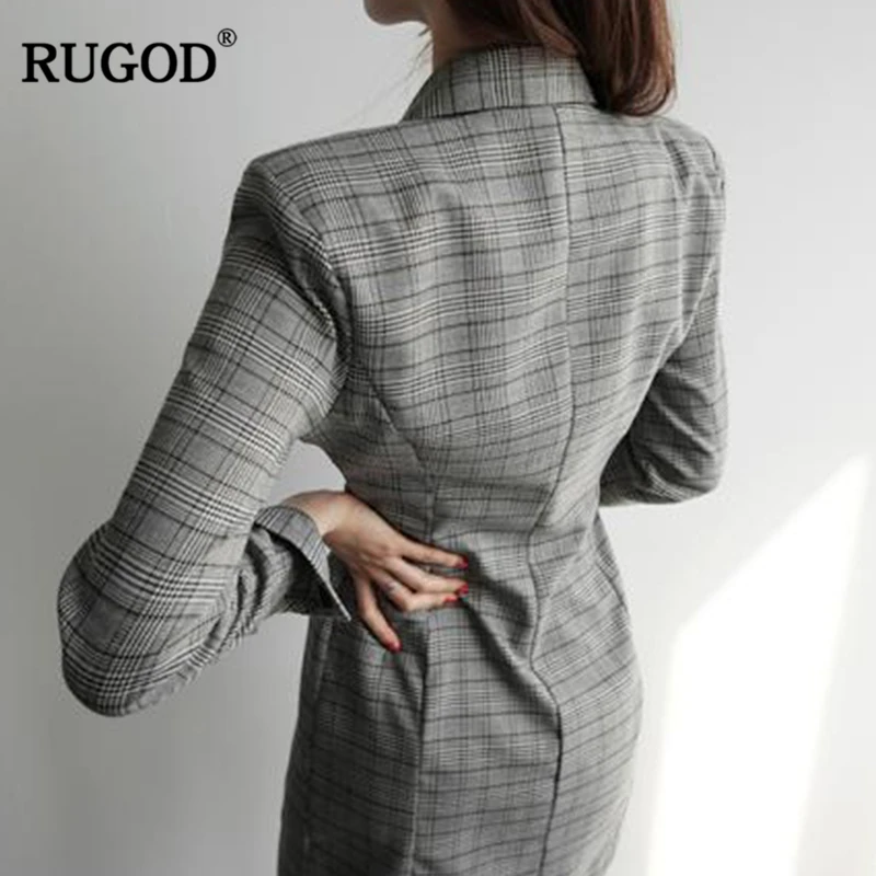 RUGOD Корейский пиджак Платье Офисные женские платья с запахом Мини плед