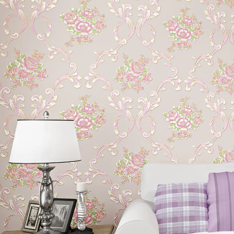 

Free Shipping this week Light purple color non-woven 3D wallpaper for Wedding room bedroom wallpaper roll