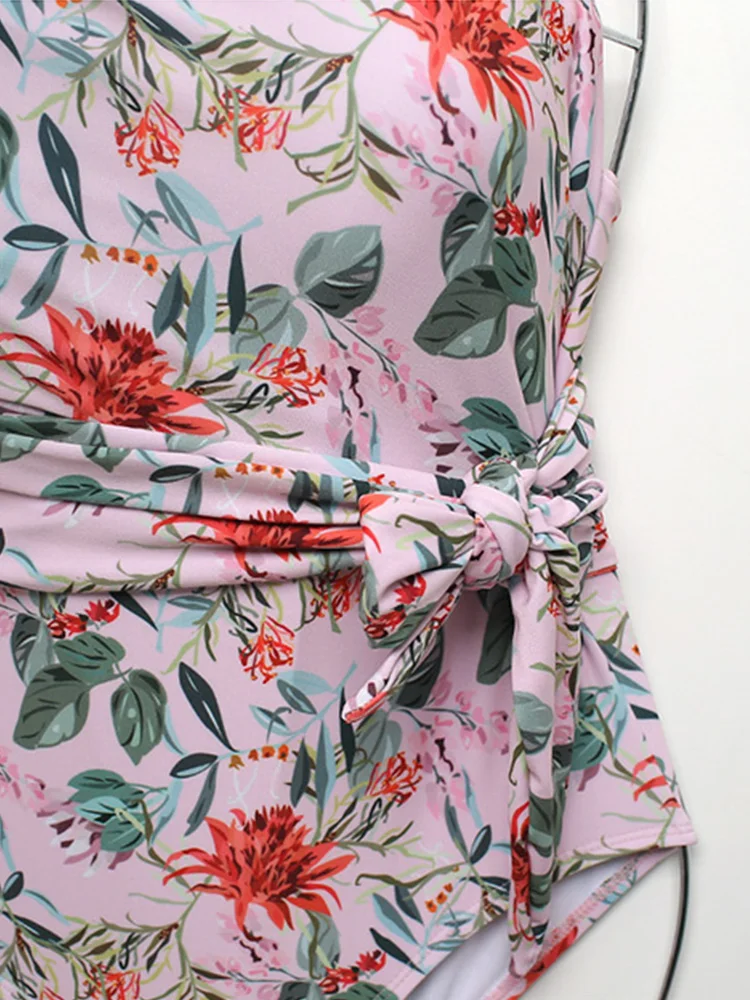 

2019 New Korean Women Swimsuit Sexy V-front Backless Print Adjustable Suspender One-piece Ruched Wire Free with Padding Suit