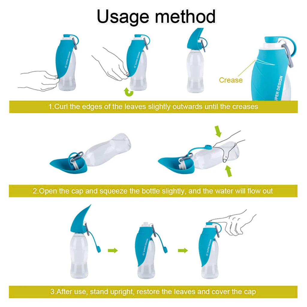 

580ml Portable Pet Water Bottle Soft Silicone Leaf Design Travel Dog Bowl For Puppy Cat Drinking Outdoor Pet Dog Water Dispenser