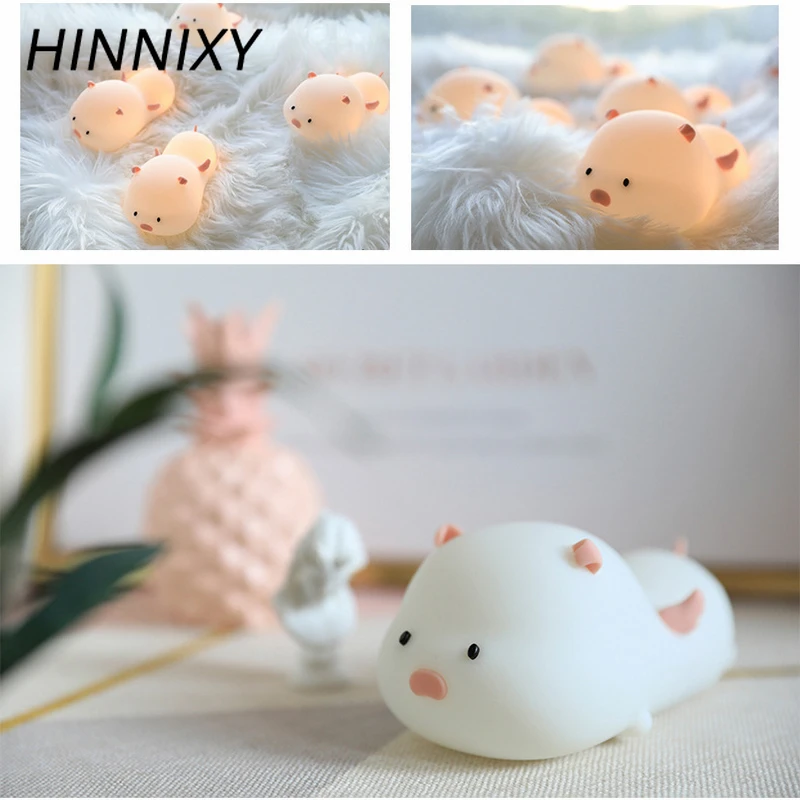 Hinnixy Милая свинья Ночник детская прикроватная LED ГРМ розовый синий красочные USB