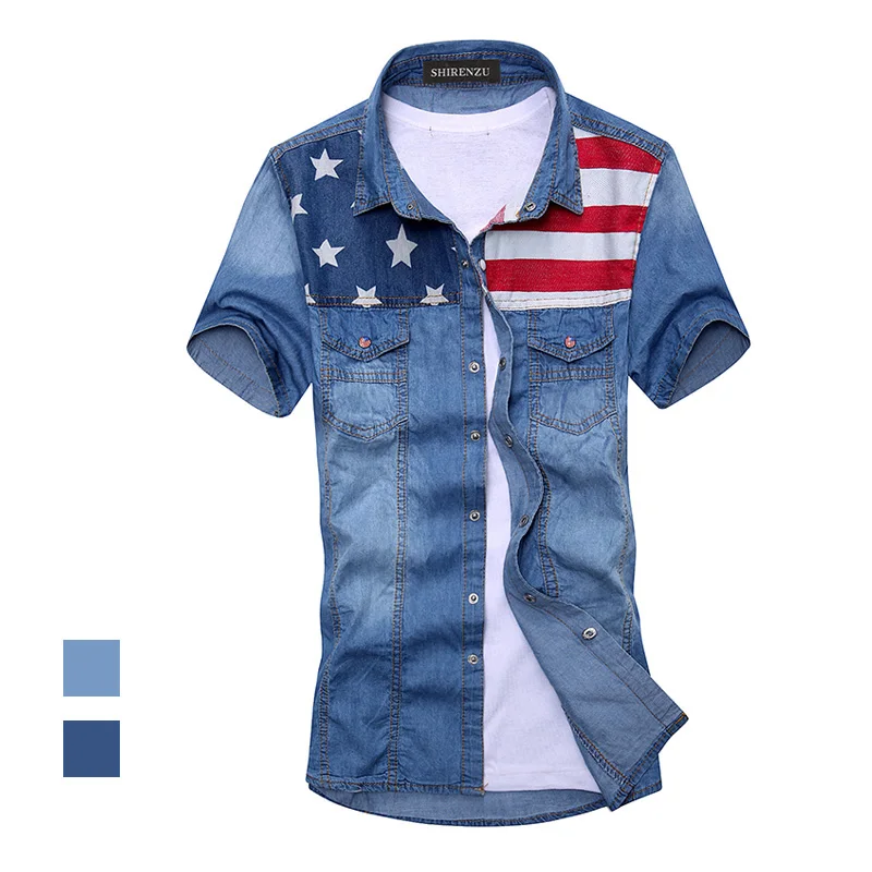 

2018 New vintage men's fashion American Flag denim shirt short sleeve light blue jeans shirt free shipping Top quality
