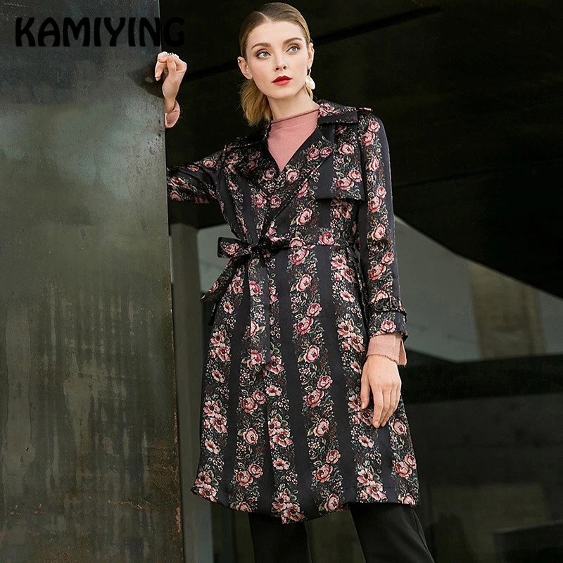 KAMIYING 100% натуральный шелк Тренч осеннее пальто для женщин с отложным воротником