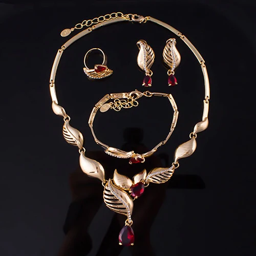 2015 Wedding Gift Leaf Red Crystal Drop Choker Necklace Bracelet Ring Earrings Set | Украшения и аксессуары