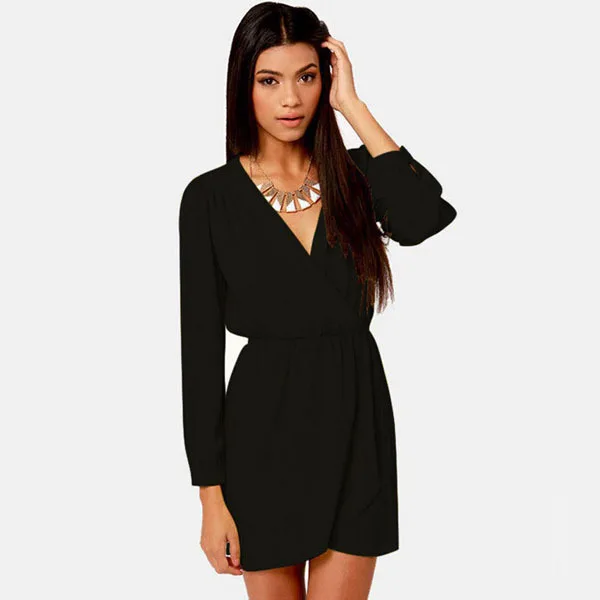 Deep V-neck Elastic Material Long-Sleeve Above-knee Chiffon Dress Casual Summer Waist Womens summer dresses 2015 Autumn | Женская одежда