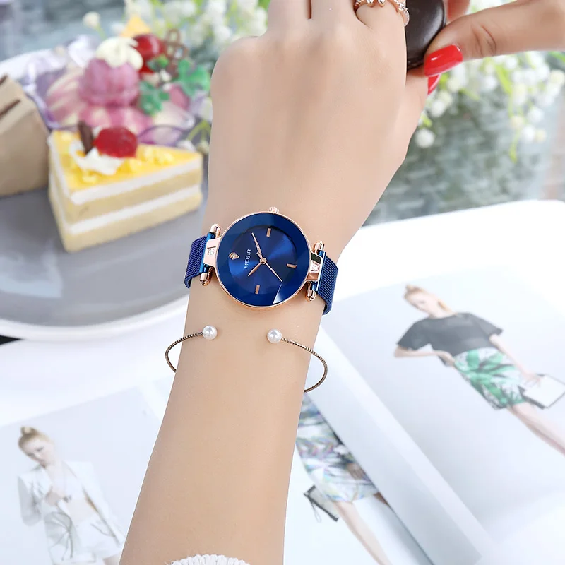 MEGIR роскошные женские часы Reloj Mujer синие сетчатые из нержавеющей стали элегантные