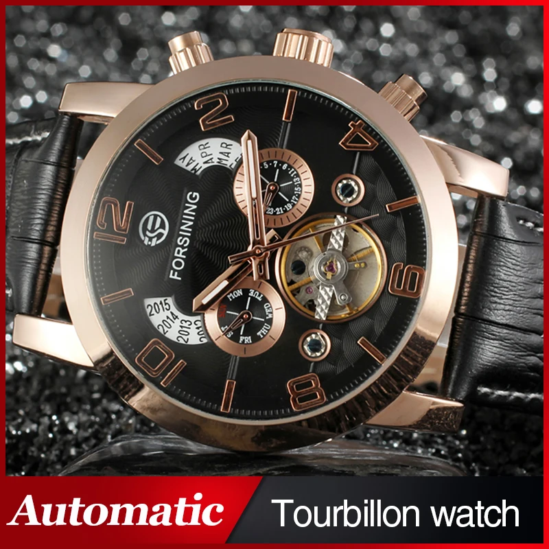 

Men Automatic Business Luxury Watch with Black Genuine Leather Strap Gift Box