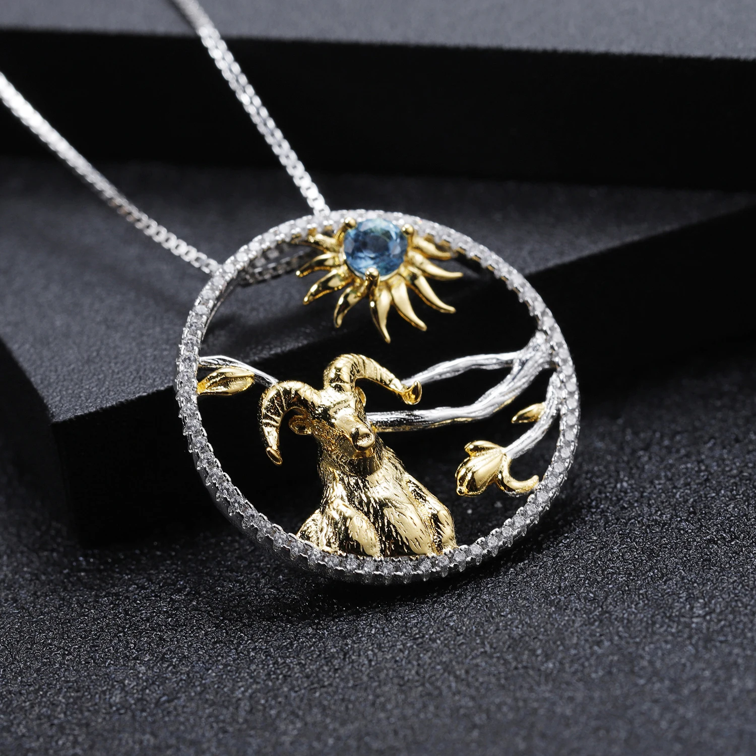 GEM'S балет 12 зодиака животных Ювелирные изделия натуральный Швейцарский Голубой Топаз 925 пробы серебро овца медальон в форме солнца ожерелье для женщин