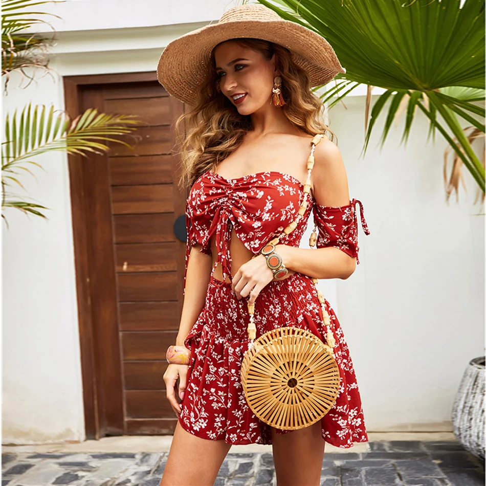 Bayboad/летние романтические красные пляжные Стильные комплекты с цветочным