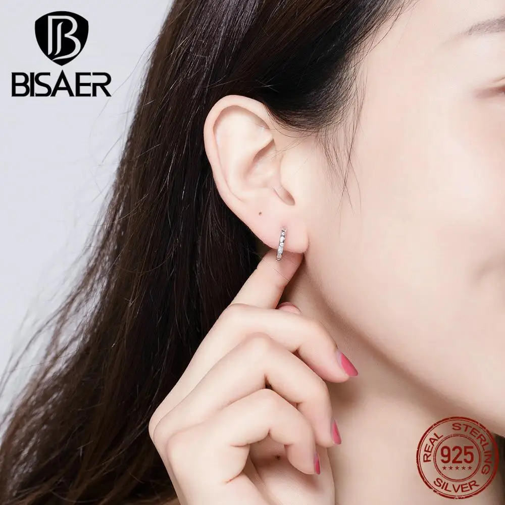 BISAER 925 пробы серебряные ослепительные циркониевые серьги-кольца простые минималистичные серьги для женщин подходят на все случаи жизни HVE101