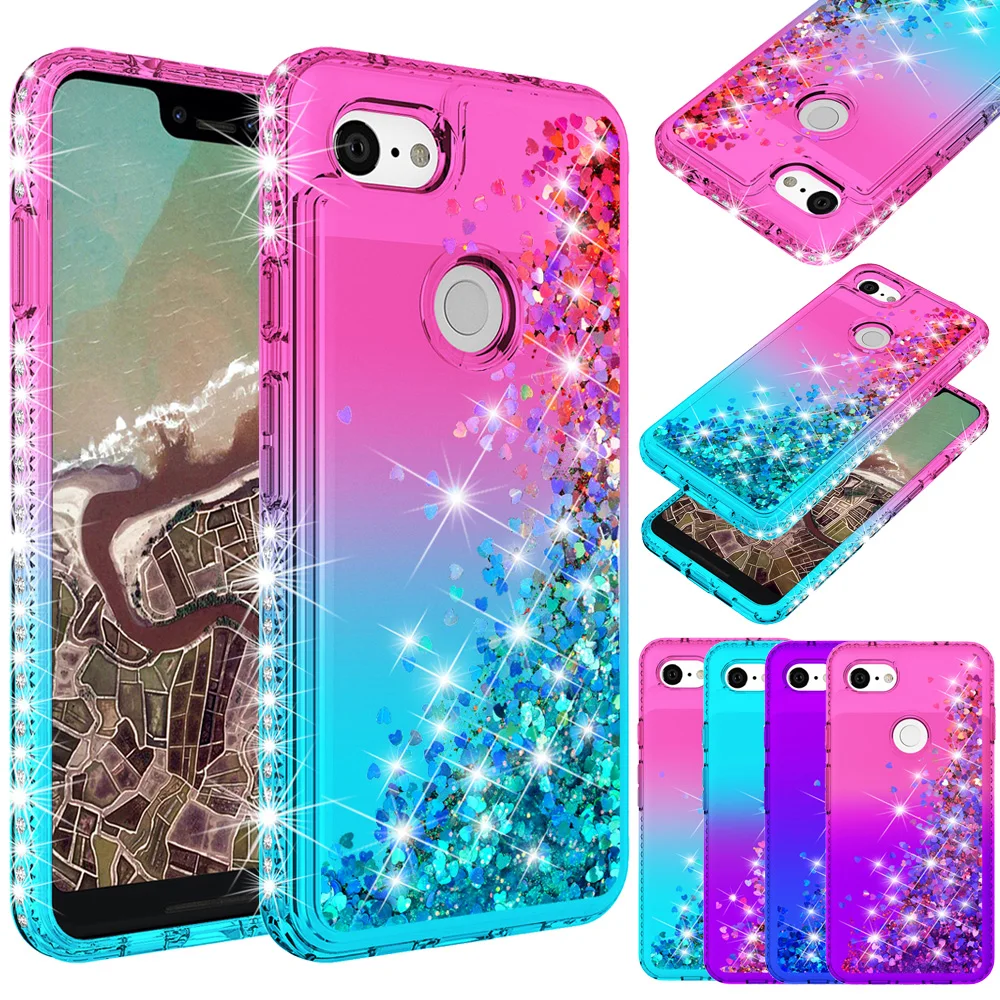 

Bling Phone Case For Google Pixel 3a XL Quicksand Liquid Sequin Glitter Diamond Hard Clear Back Cover Thin Slim Transparent 3a