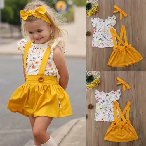 Baby Girls 3PCS Clothes Lovely Toddler Kids Girl Floral T-shirt Tops+Bib Straps Skirts Outfit Set | Детская одежда и обувь