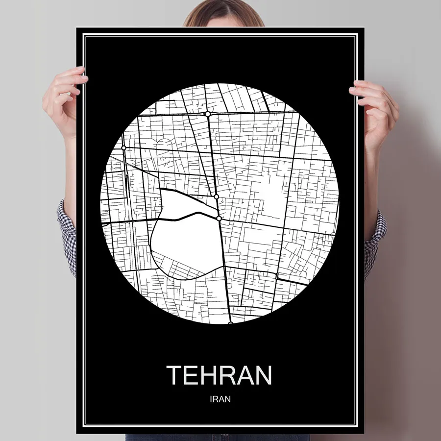 Черно-белая карта города Тегерана Иран печатный плакат печать на бумаге или