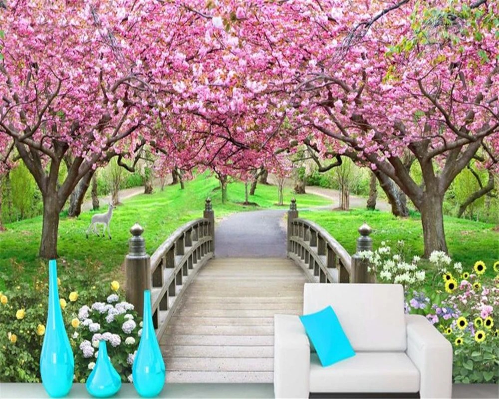 Пользовательские обои 3D фото вишневого дерева мост фон для гостиной фоновые
