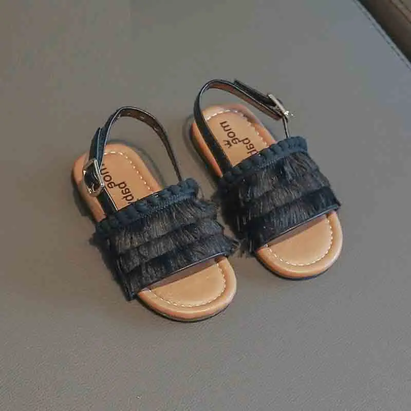Black Летняя обувь для девочек, новые модные детские сандалии для девочек, детская кожаная обувь принцессы с кисточками для девочек - Цвет: Black