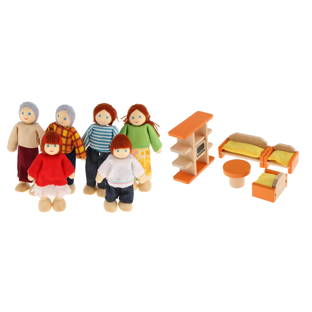 

Kids Pretend Role Play Wooden Toy Dollhouse Furniture + Family Members Doll Figures Set Children's Wooden Toys Set