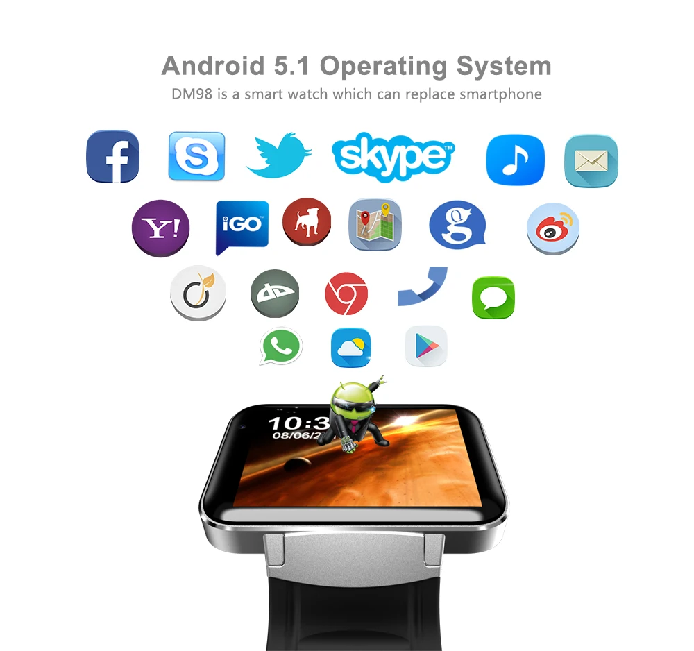 Смарт-часы Smartch DM98 Bluetooth 2 дюйма Android 4 ОС 3G умные часы телефон MTK6572 двухъядерный 1