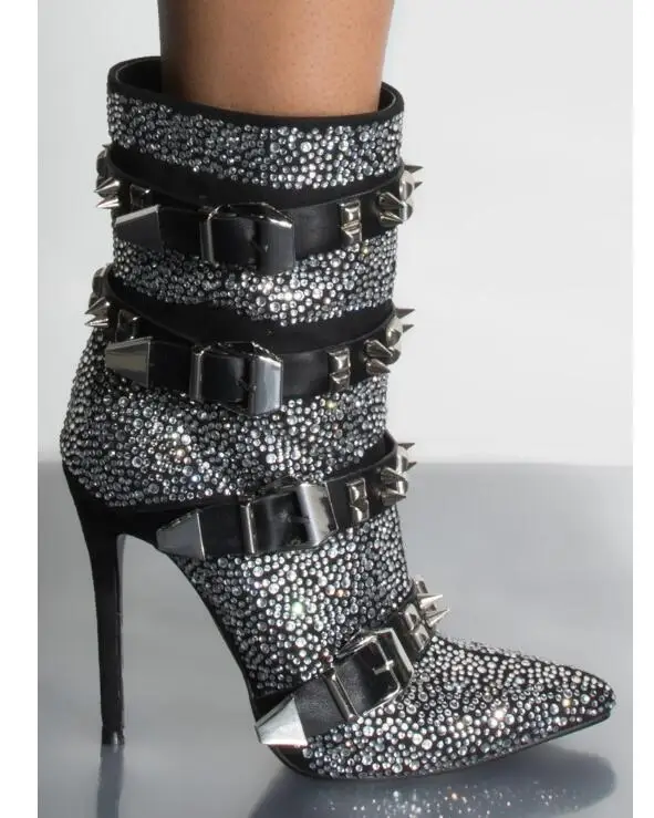 

EMMA KING Rihana 2019 DIAMOND HEELED BOOTIE High Heels Ankle Boots Autumn Winter Pointed Toe Spikes Buckles Shoes size 35-43