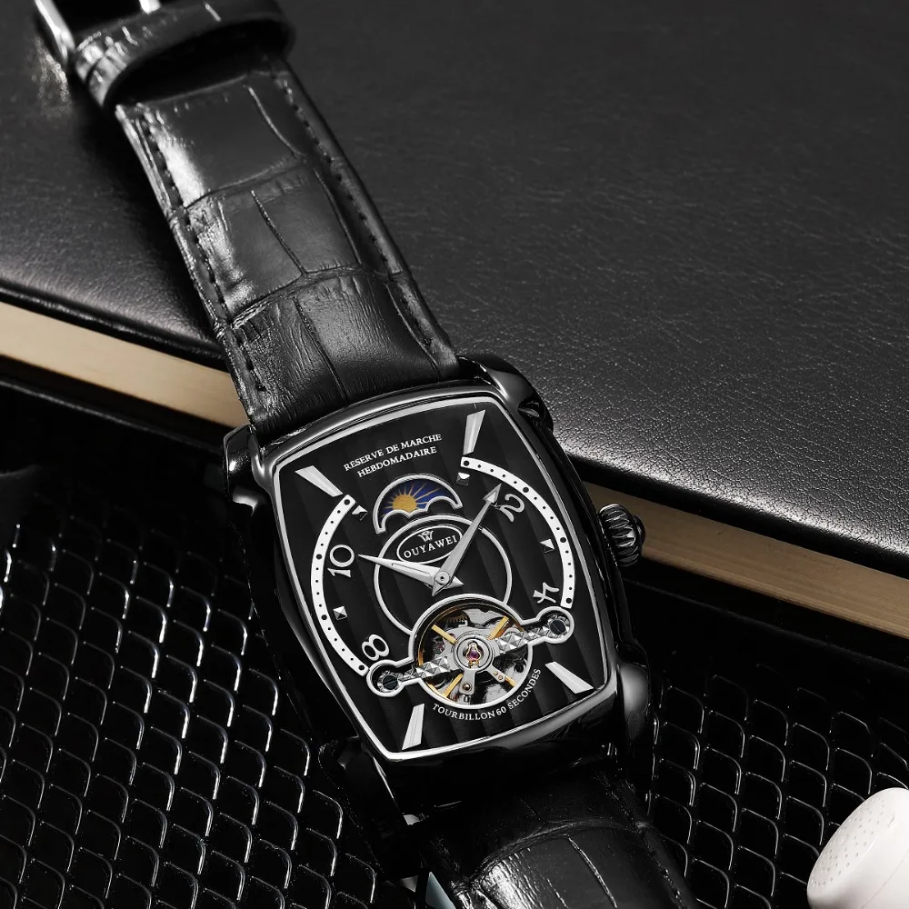OUYAWEI Moon Phase Tourbillon наручные часы для мужчин 2018 механические Автоматические