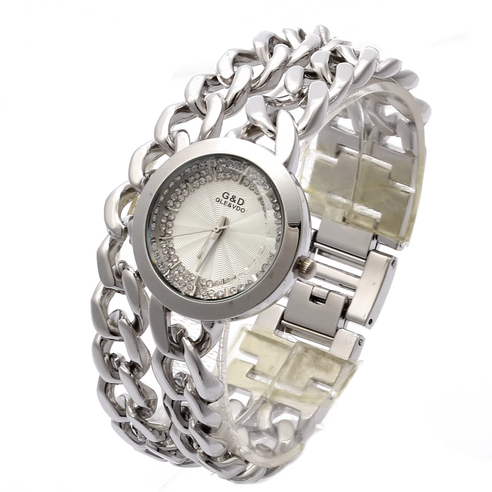 

G&D Women Watch Double Chain Stainless Steel Band Women's Silver With Rhinestone Luxury Fashion Quartz Wrist Watch Today's Deal