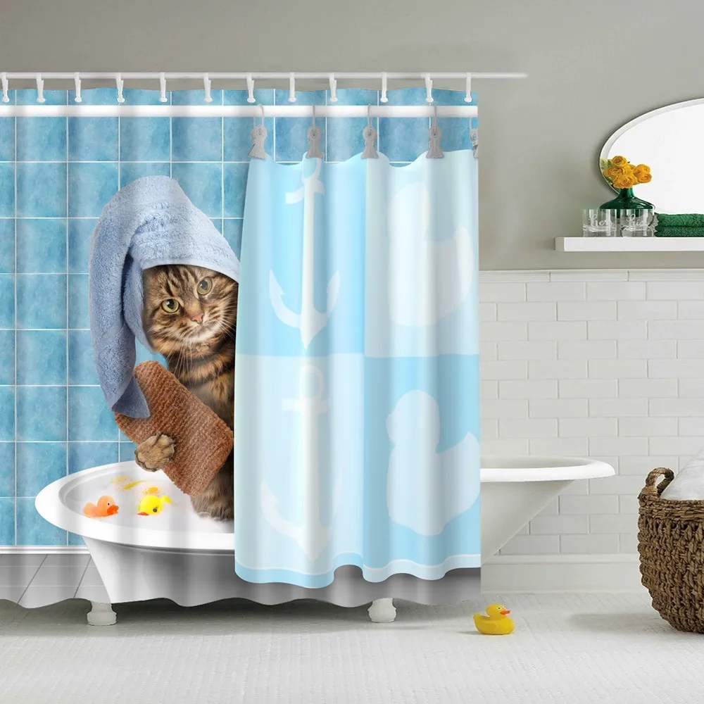 

Dafield Bath Courtain Kids Funny Cat Shower Curtain Head Wrapped Towel Decor Polyester Fabric With Hooks